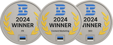 Collaborator's 2024 Winner award badges with golden laurel wreaths for Content Marketing and SEO